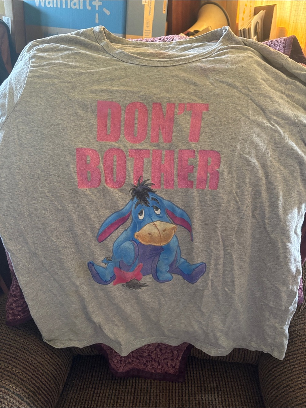 Disney Women’s Eeyore 'Don't Bother' Graphic Tee - Gray & Pink